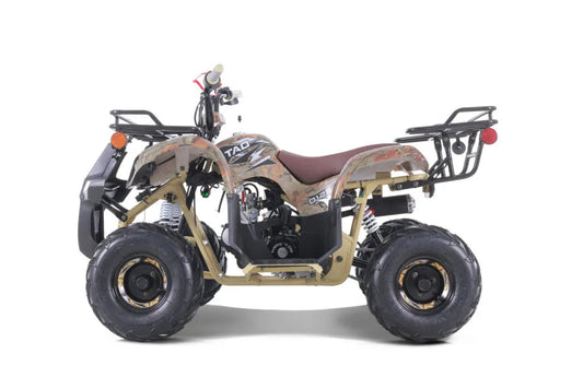 Youth camouflage ATV with rugged tires, rear cargo racks, and off-road features