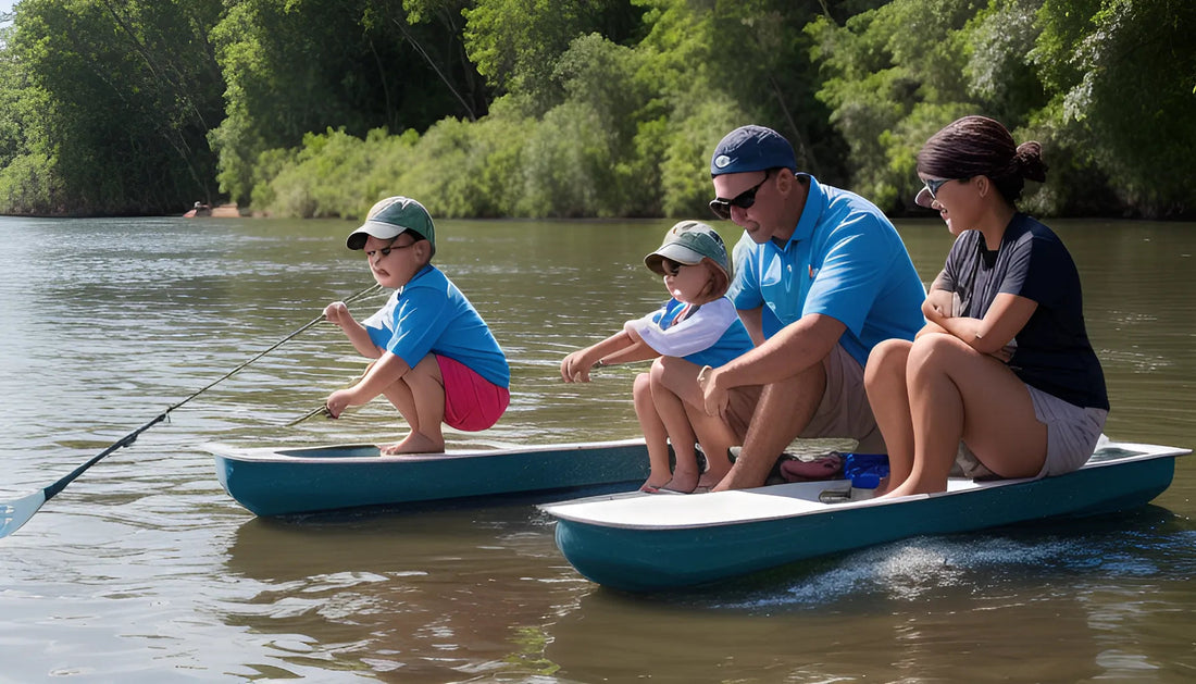 Family fishing from paddle boats on a calm river, wearing summer clothes and hats