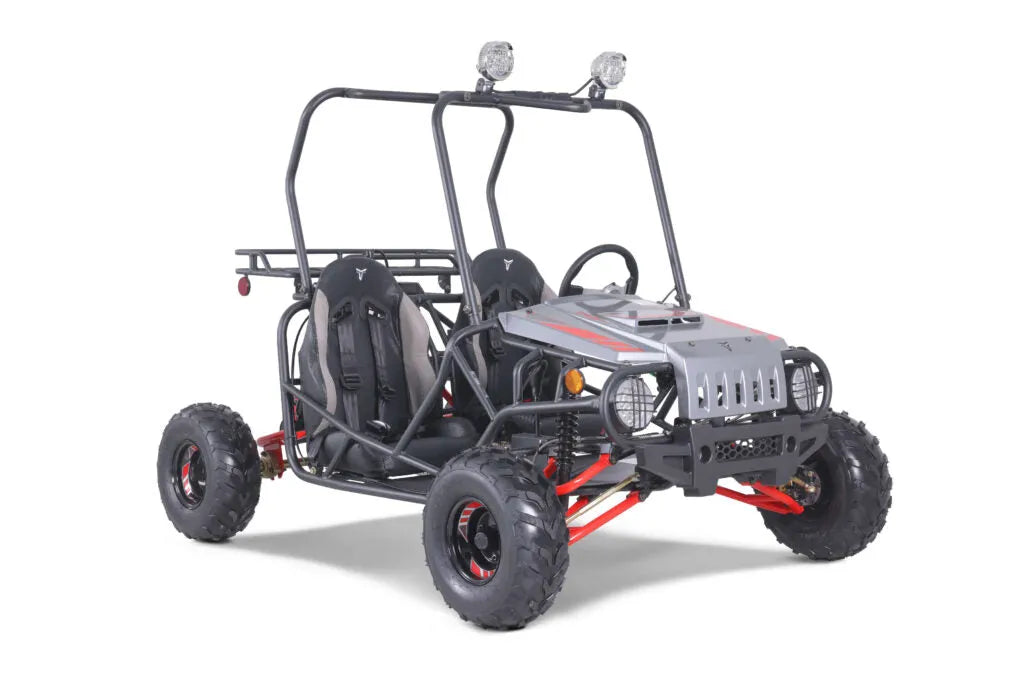Two-seat off-road go-kart with roll cage, rugged tires, and front headlights