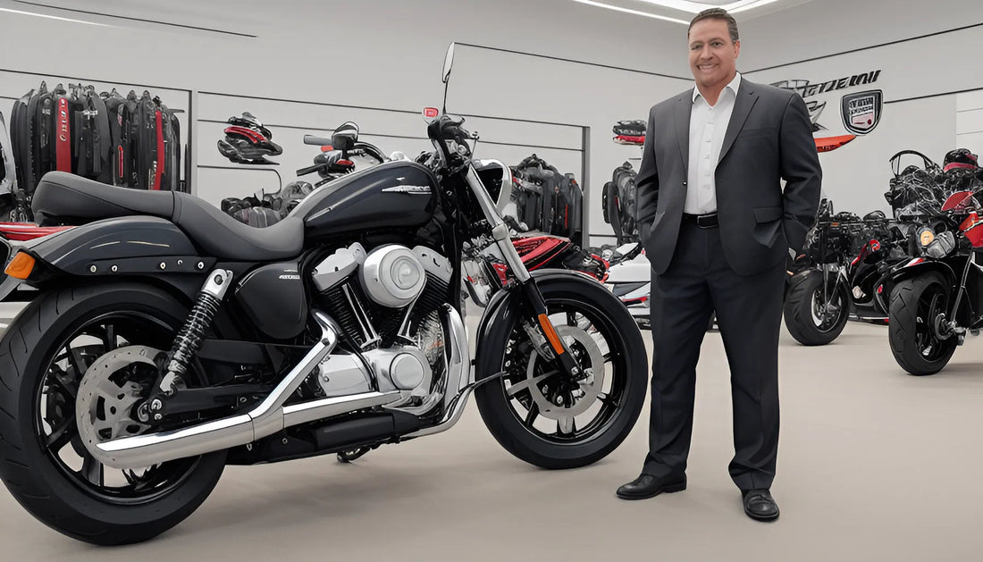 Man in suit standing next to black motorcycle in showroom with ATVs and bikes on display.