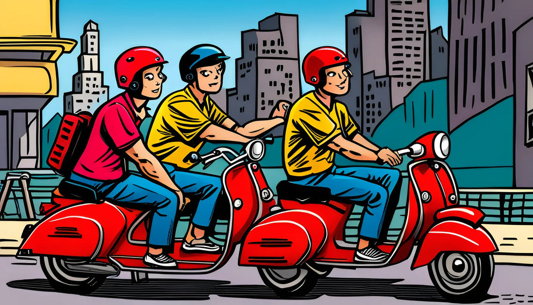 Three people riding red scooters with helmets in a vibrant city scene illustration.