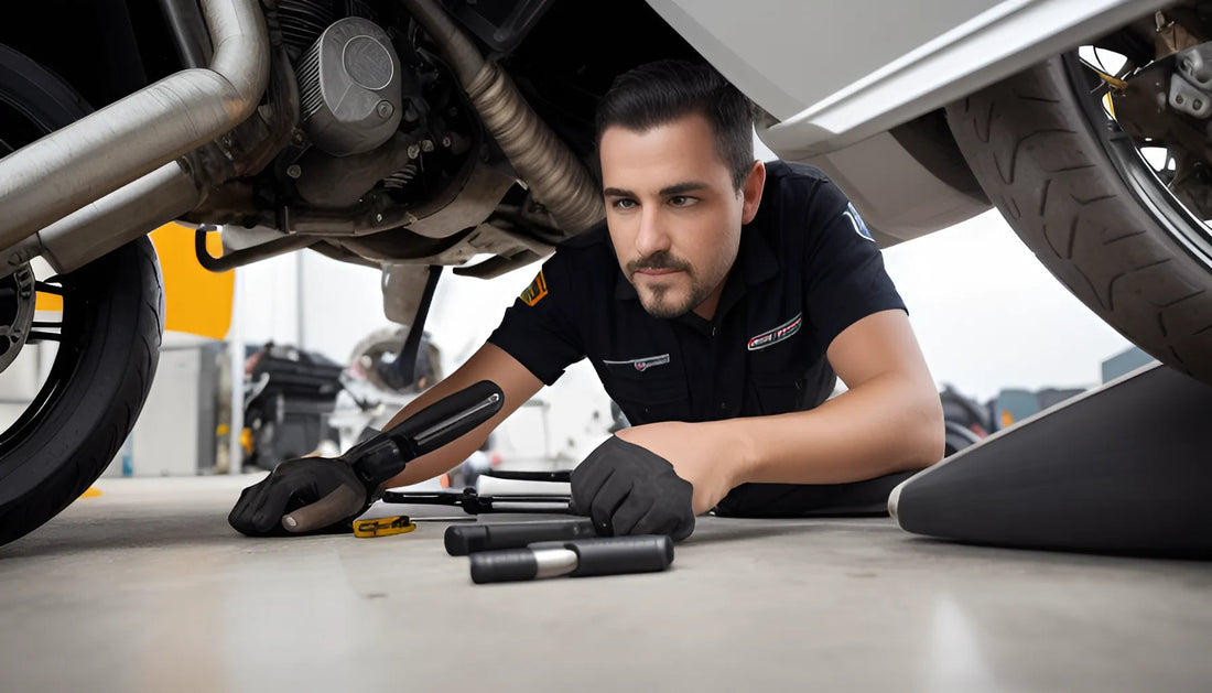 Mechanic in garage repairing ATV or dirt bike with tools and gloves, motorcycle maintenance