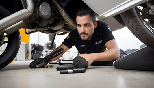 Mechanic in garage repairing ATV or dirt bike with tools and gloves, motorcycle maintenance