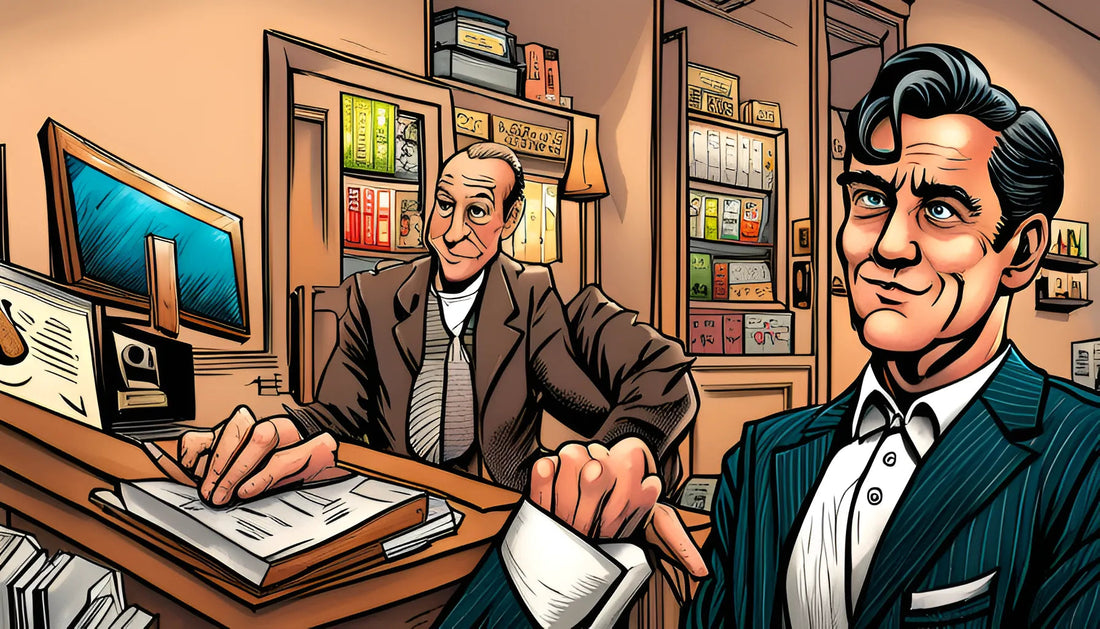 Comic-style illustration of two men in a bookstore, one behind a desk with shelves of books.