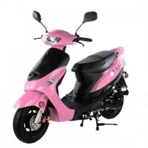 Pink gas-powered scooter with black seat and mirrors, parked on white background.