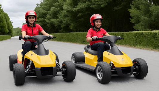 Two kids in red helmets riding yellow go-karts on outdoor track, Q9 PowerSports USA youth vehicles.