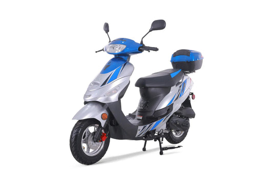 Blue and silver scooter with storage box, street tires, and rearview mirrors on white background