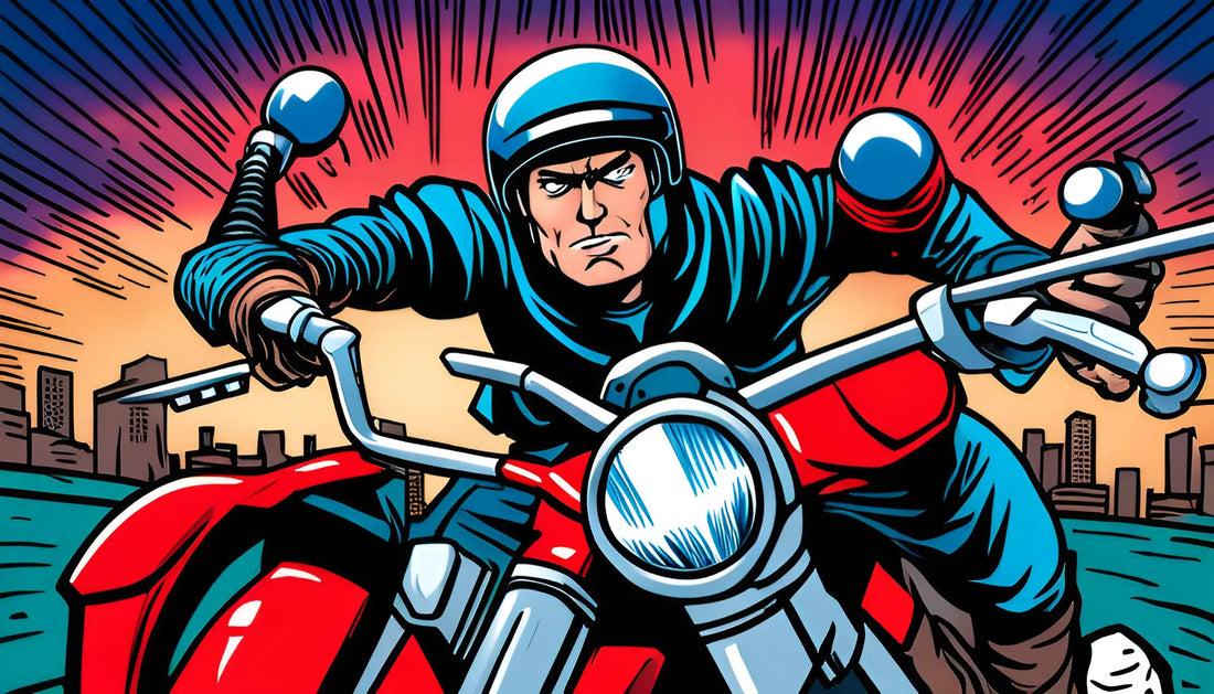 Comic-style rider in blue helmet and jacket on red motorcycle in city at sunset
