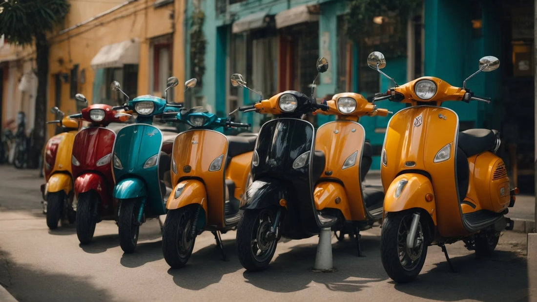 Colorful scooters and mopeds lined up on a city street, urban transportation options
