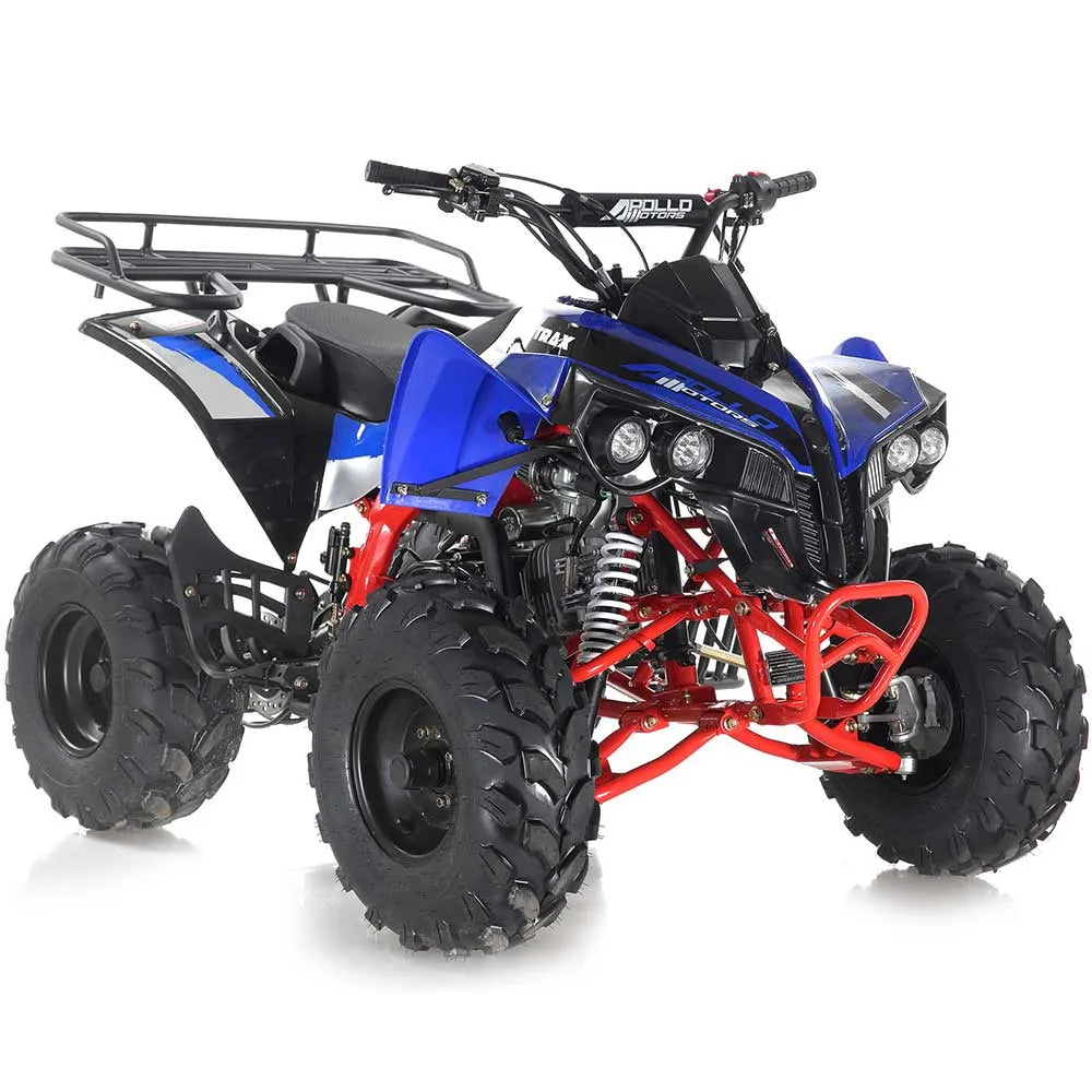 Blue and black ATV quad bike with rugged tires, front suspension, and rear cargo rack