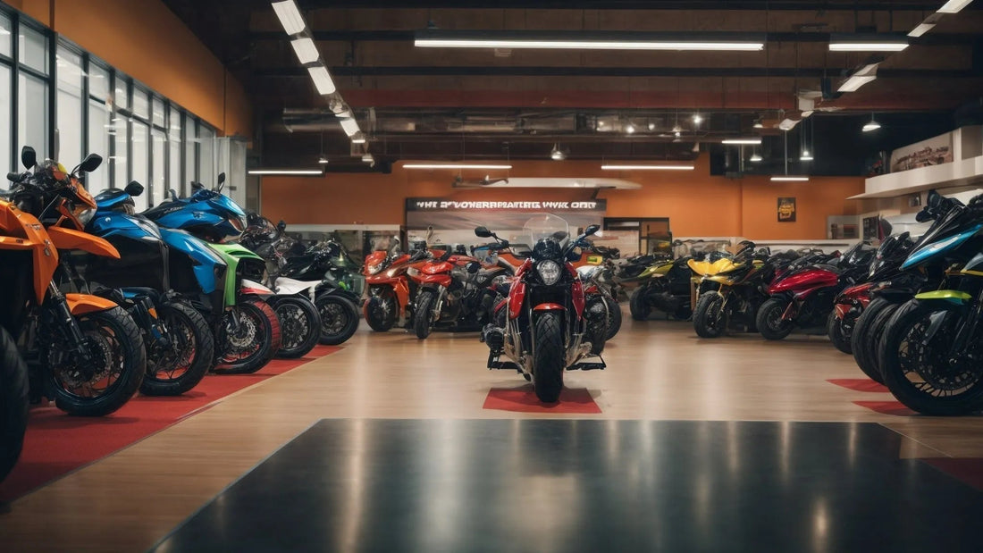 Showroom with a variety of sport motorcycles in multiple colors on display indoors
