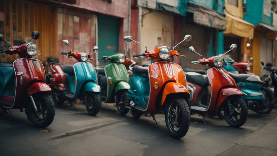 Row of colorful gas scooters parked on urban street, ideal for city commuting and affordable transport