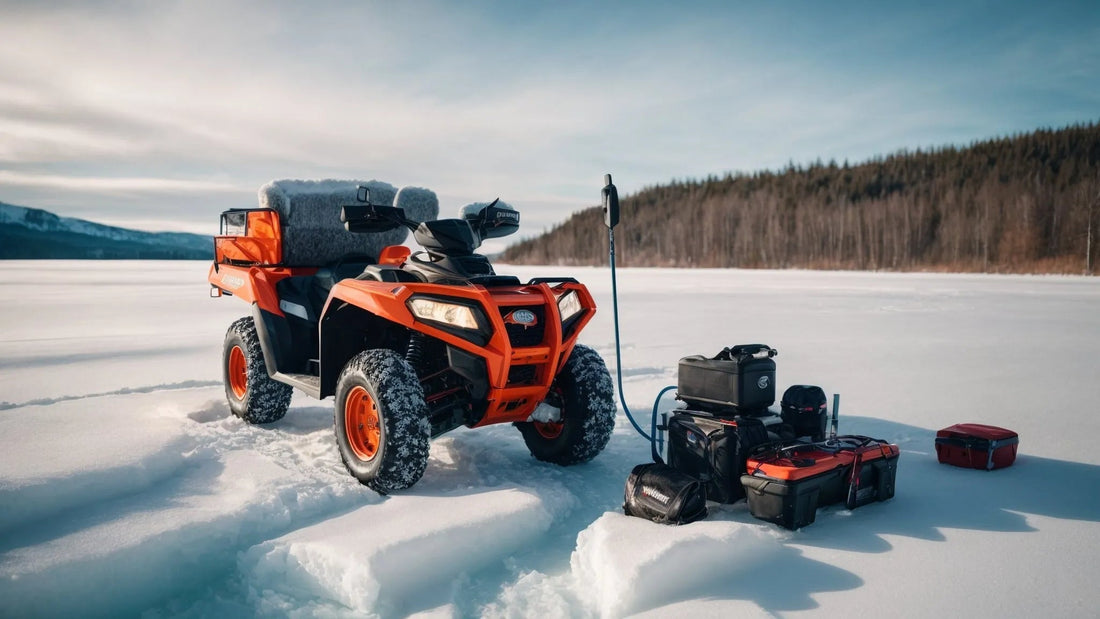 Orange ATV on snowy landscape with gear and equipment, all-terrain vehicle winter adventure