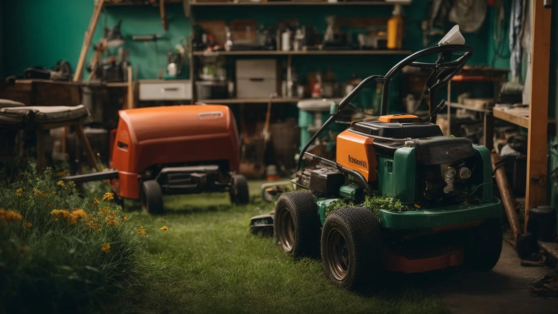 Riding lawn mower and orange trailer in a garage with tools and garden equipment