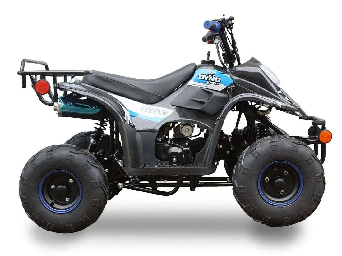 Black youth ATV with large off-road tires, blue accents, and rear rack, side view