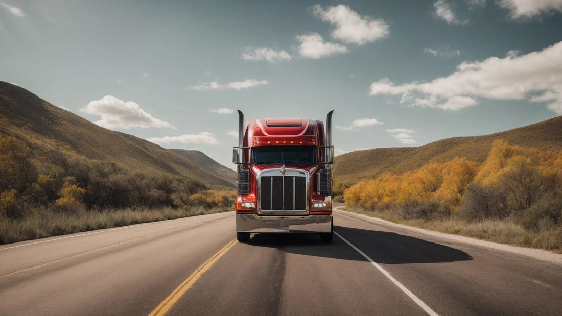Red semi-truck driving on scenic highway with hills and autumn trees