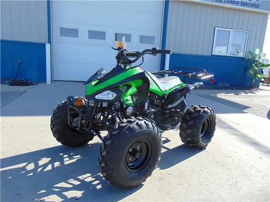 Green and black ATV parked outdoors on concrete in front of a garage