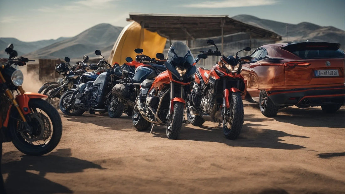 Multiple sport motorcycles and an orange SUV parked on a dirt lot in a mountain setting