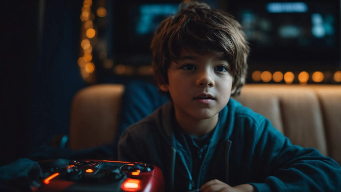 Young boy playing a video game with a controller, sitting indoors under warm lighting.