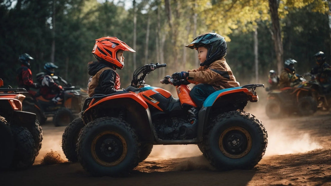 Kids riding youth ATVs outdoors, wearing helmets, on a dirt trail with forest background