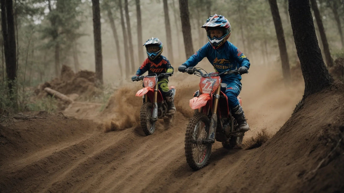 Kids riding dirt bikes on a forest trail, kicking up dust and wearing safety gear