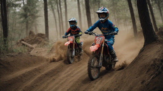 Kids riding dirt bikes on a forest trail, kicking up dust and wearing safety gear