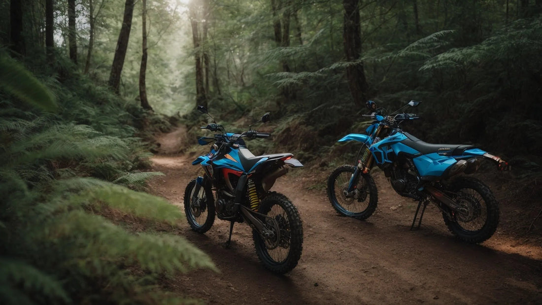 Two blue dirt bikes on a forest trail, off-road motorcycles for outdoor adventure riding