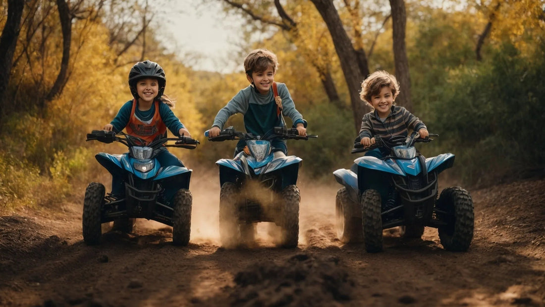Three kids riding blue ATVs on a dirt trail in a forest, smiling and enjoying outdoor adventure.
