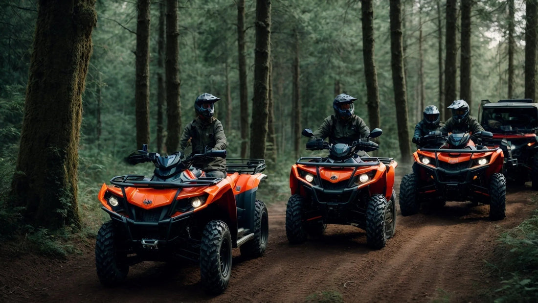 Group riding red ATVs through forest trail, off-road powersports adventure scene