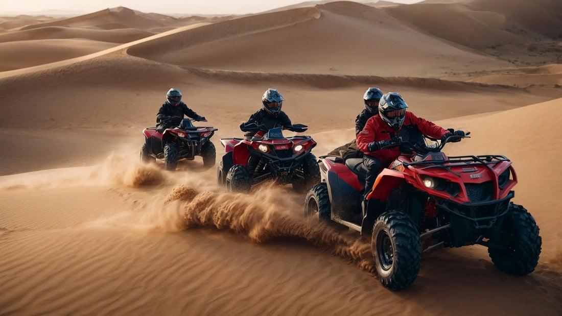 Group riding red ATVs on sand dunes, off-road adventure vehicles in desert landscape