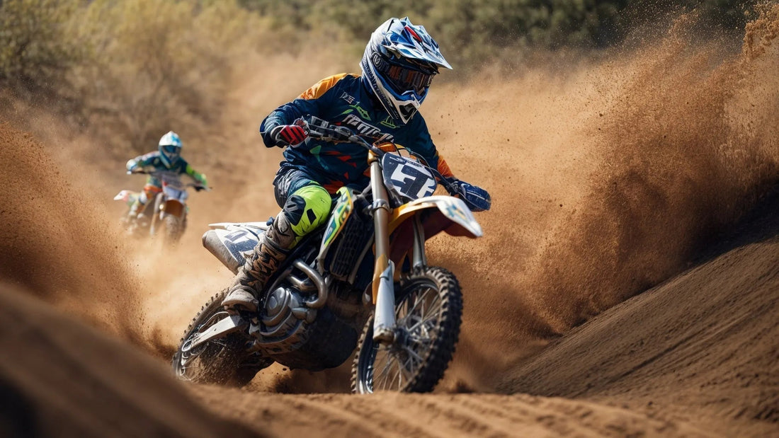 Two riders racing dirt bikes on a dirt track, kicking up dust and wearing helmets.
