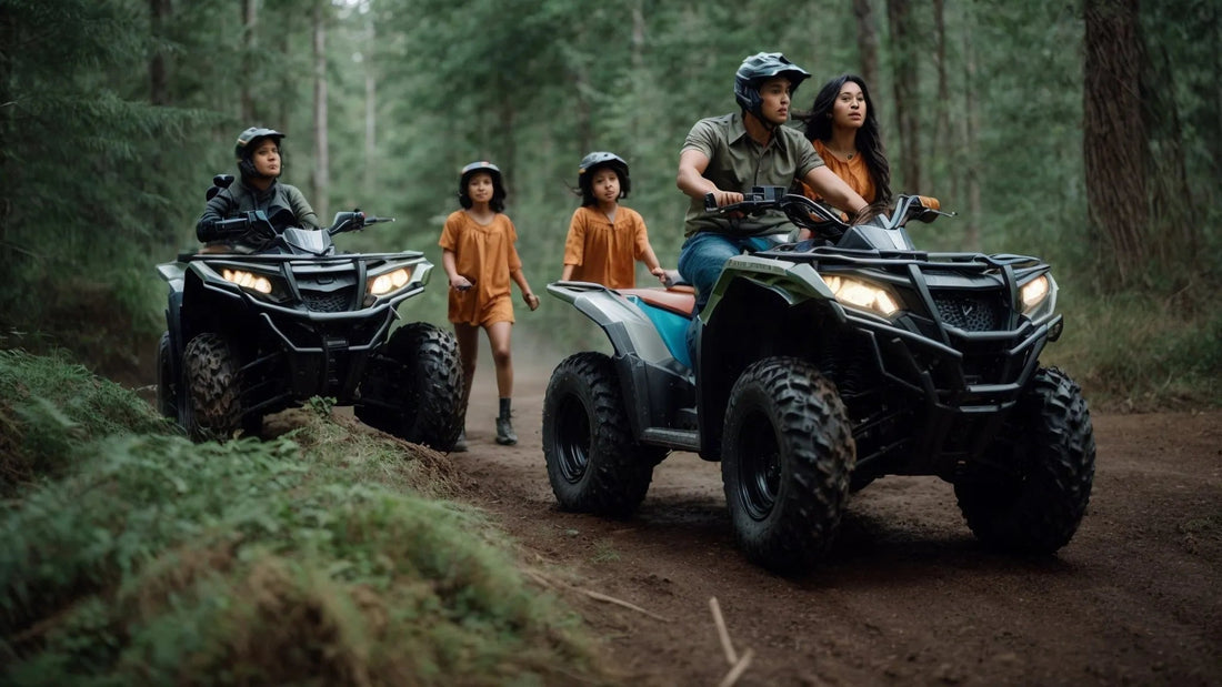 Family riding ATVs on a forest trail, kids and adults wearing helmets, off-road adventure