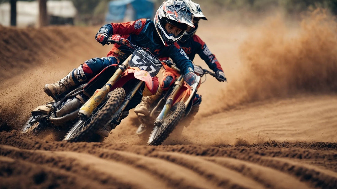 Two kids racing dirt bikes on a dirt track, wearing protective gear at Q9 PowerSports USA.