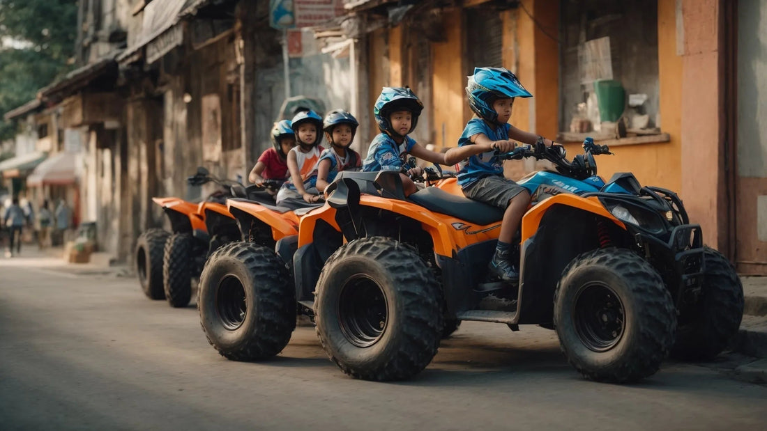Children riding orange ATVs on a street, wearing helmets, youth all-terrain vehicles