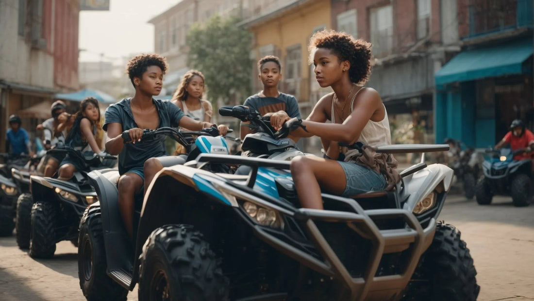 Group of young adults riding ATVs on a city street, showcasing four-wheelers for urban adventure.