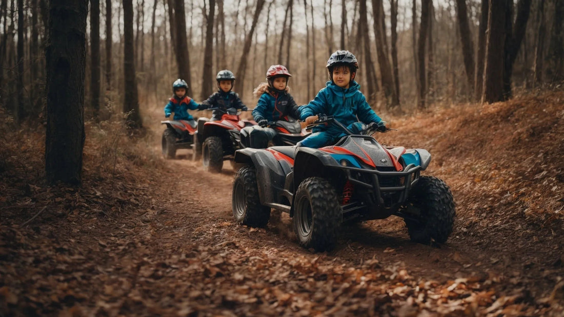 Kids riding ATVs on a forest trail, wearing helmets and outdoor gear