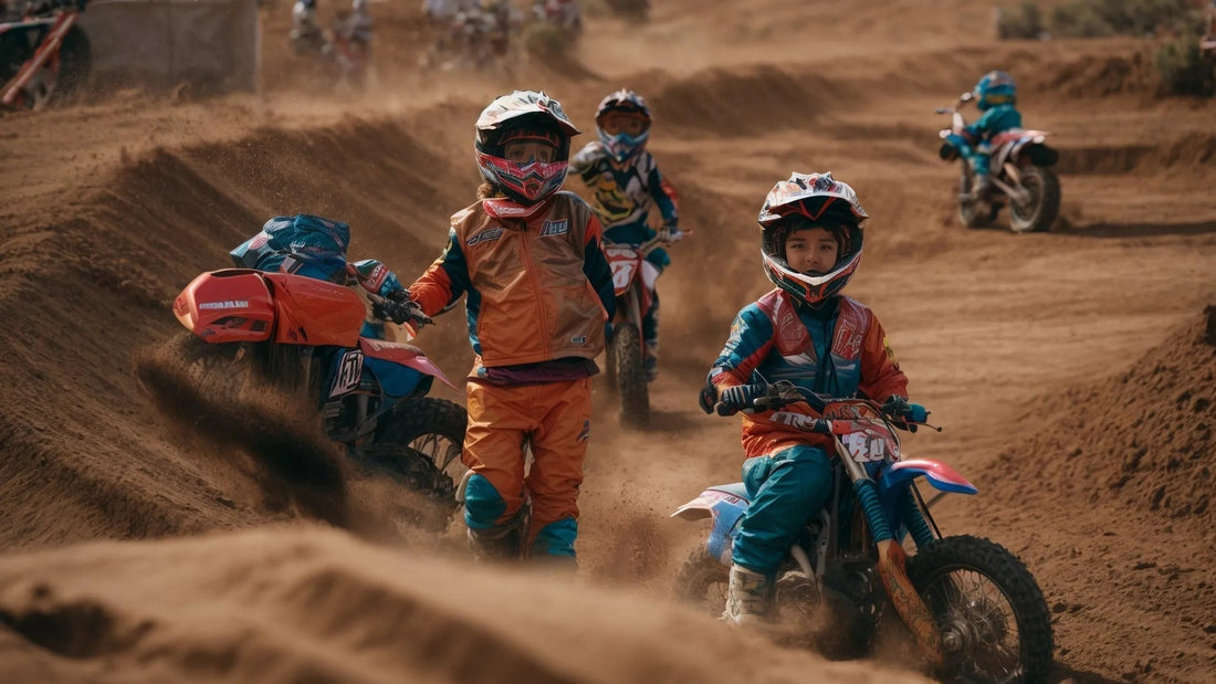 Kids riding dirt bikes on a sandy motocross track wearing helmets and safety gear