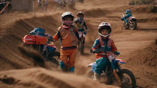 Kids riding dirt bikes on a sandy motocross track wearing helmets and safety gear