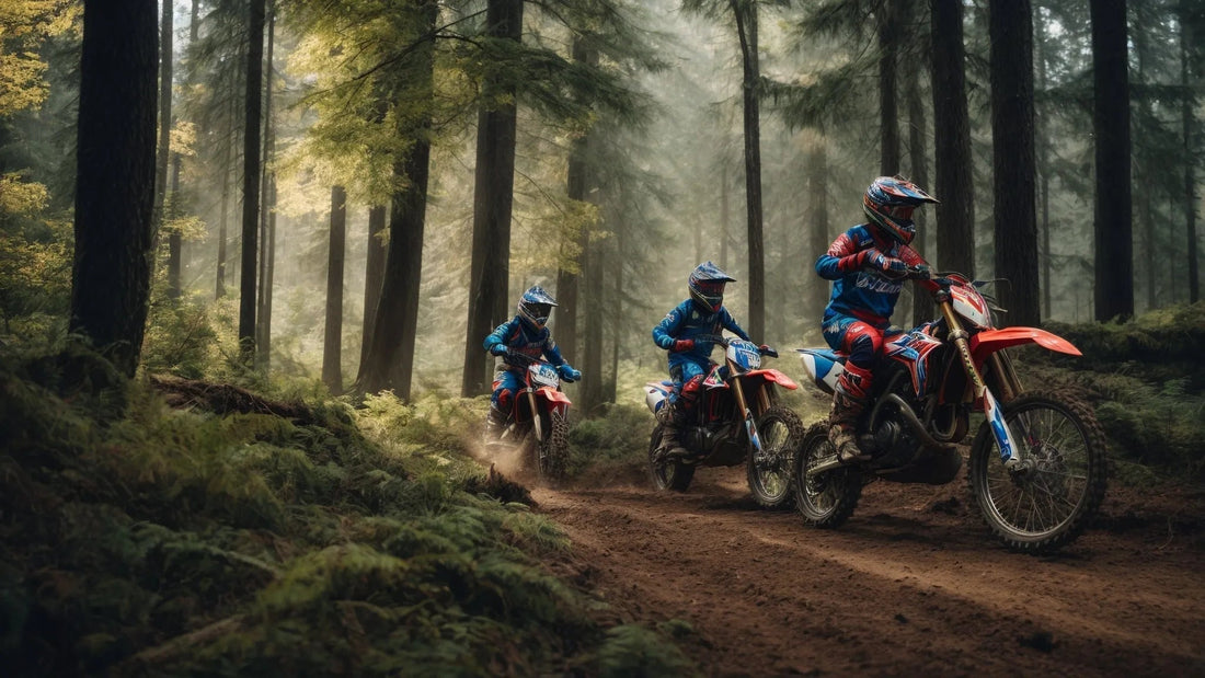 Three riders in blue gear riding dirt bikes on a forest trail, off-road adventure scene