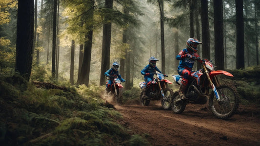 Three riders in blue gear riding dirt bikes on a forest trail, off-road adventure scene