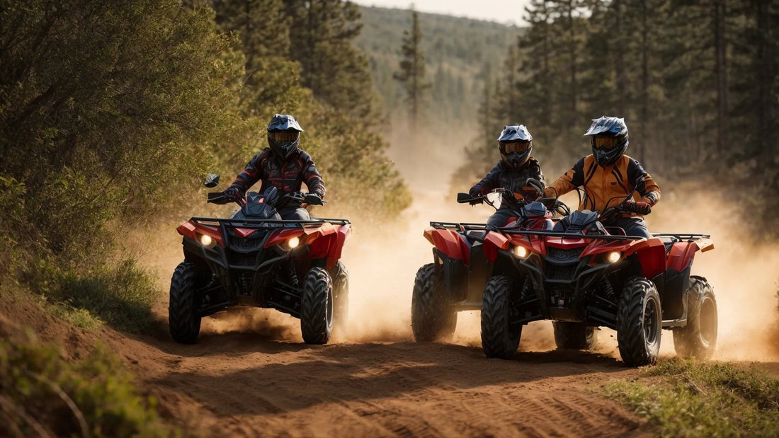 Three riders driving red ATVs on a dirt trail surrounded by forest trees