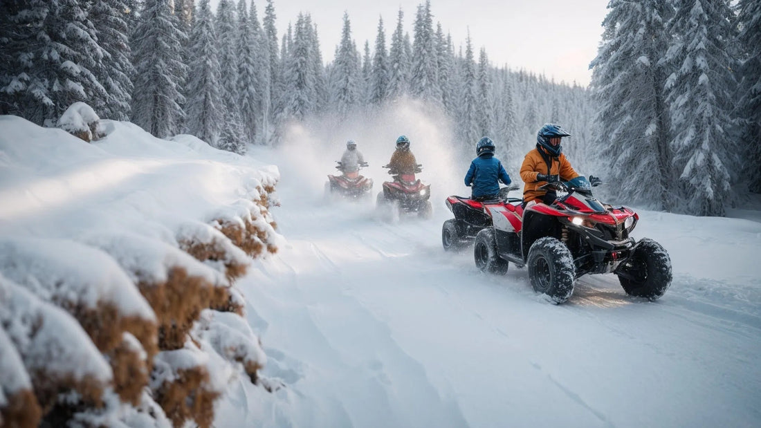 Group riding red ATVs on snowy forest trail, winter adventure, off-road vehicles