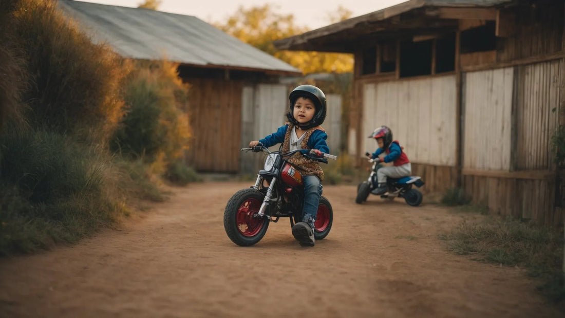 Two young kids ride mini dirt bikes with helmets on a dirt path near wooden sheds.