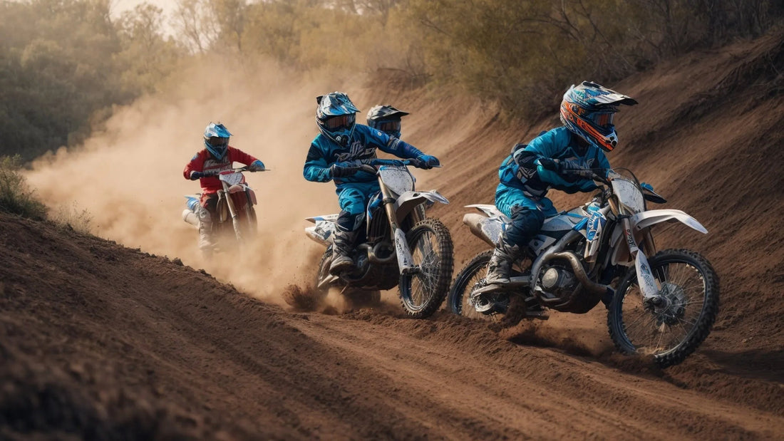 Four riders on dirt bikes racing on a dusty outdoor motocross track