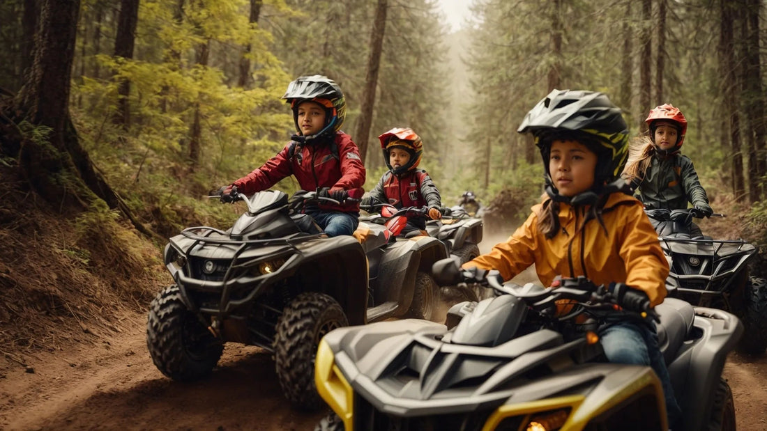 Kids riding youth ATVs on a forest trail, wearing helmets and outdoor gear
