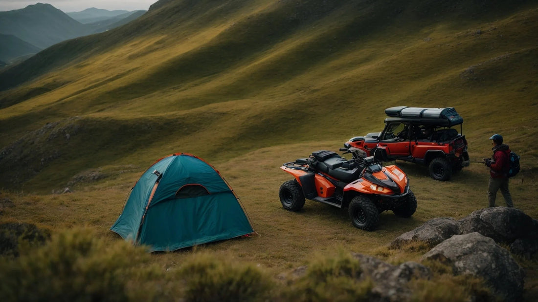 Camping in mountains with an ATV, off-road vehicle, hiking tent, and a person outdoors
