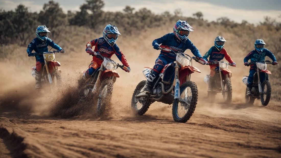 Group of riders racing dirt bikes on a dusty off-road trail outdoors