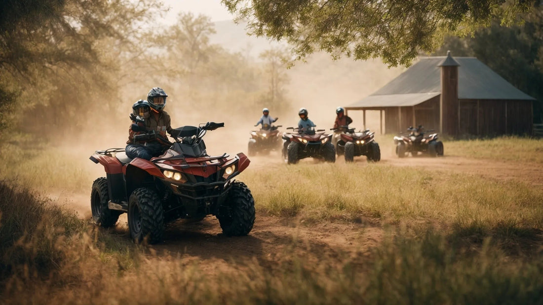 Group riding ATVs on a dirt trail near a rural cabin, outdoor powersports adventure