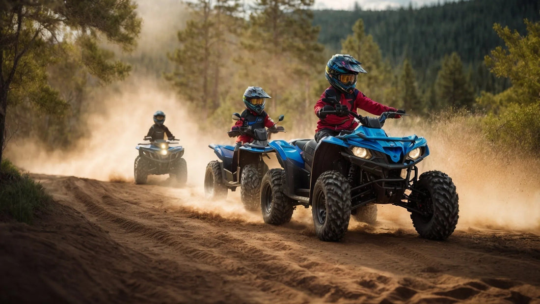 Three riders on blue ATVs driving on a dusty forest trail, wearing helmets and safety gear.