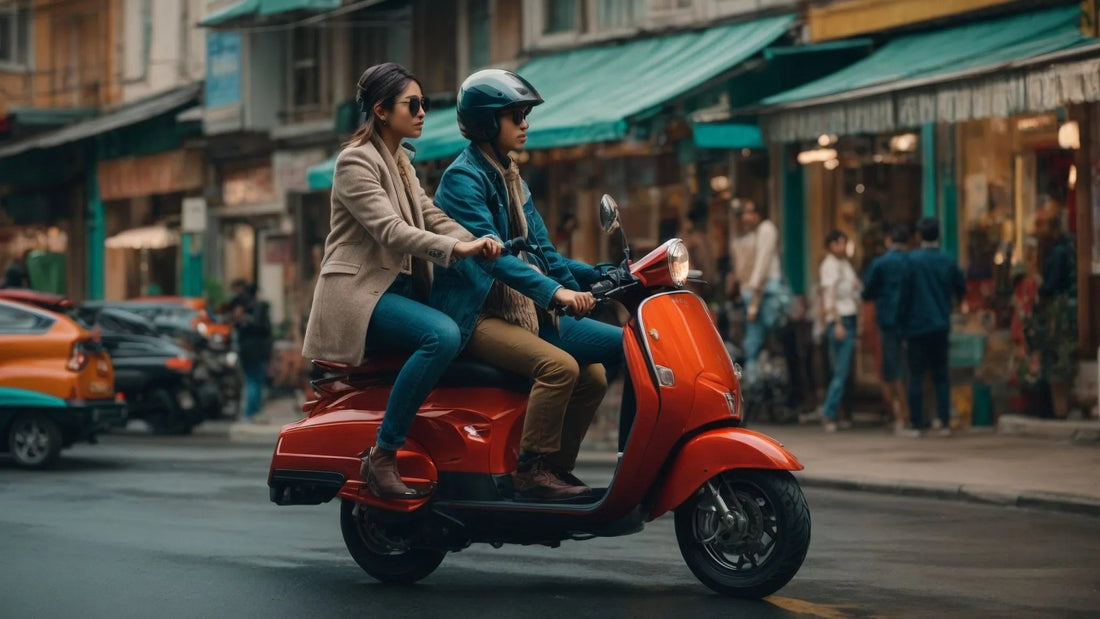 Two people riding a red scooter on a city street with shops and pedestrians in the background